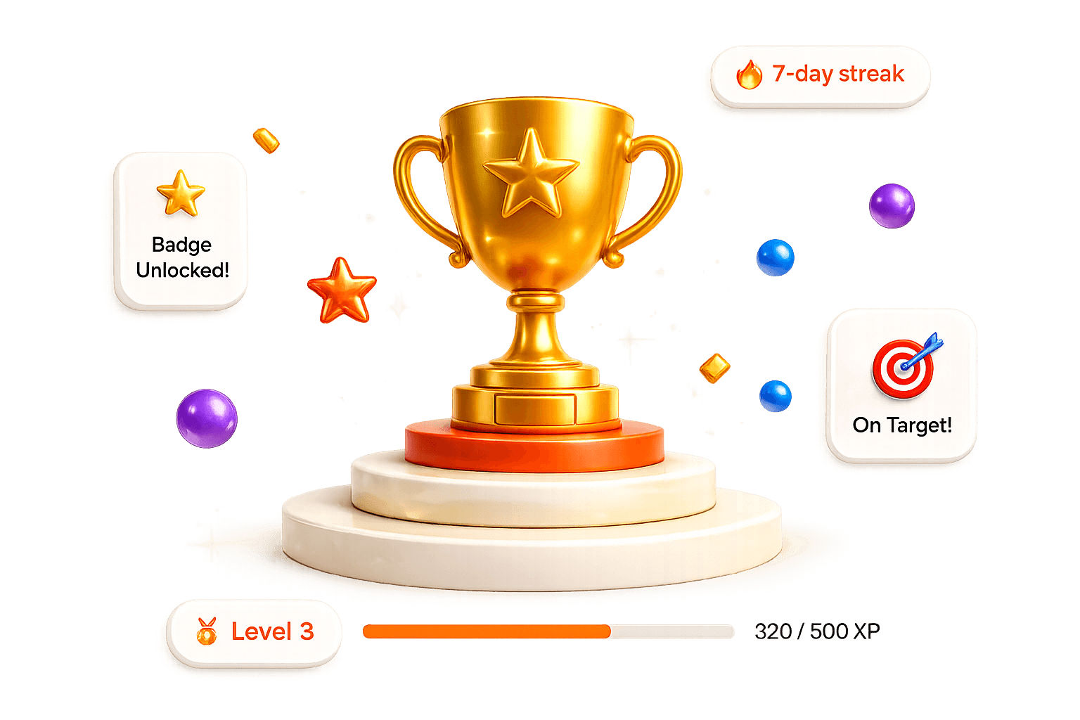 Gold trophy with XP progress and badges