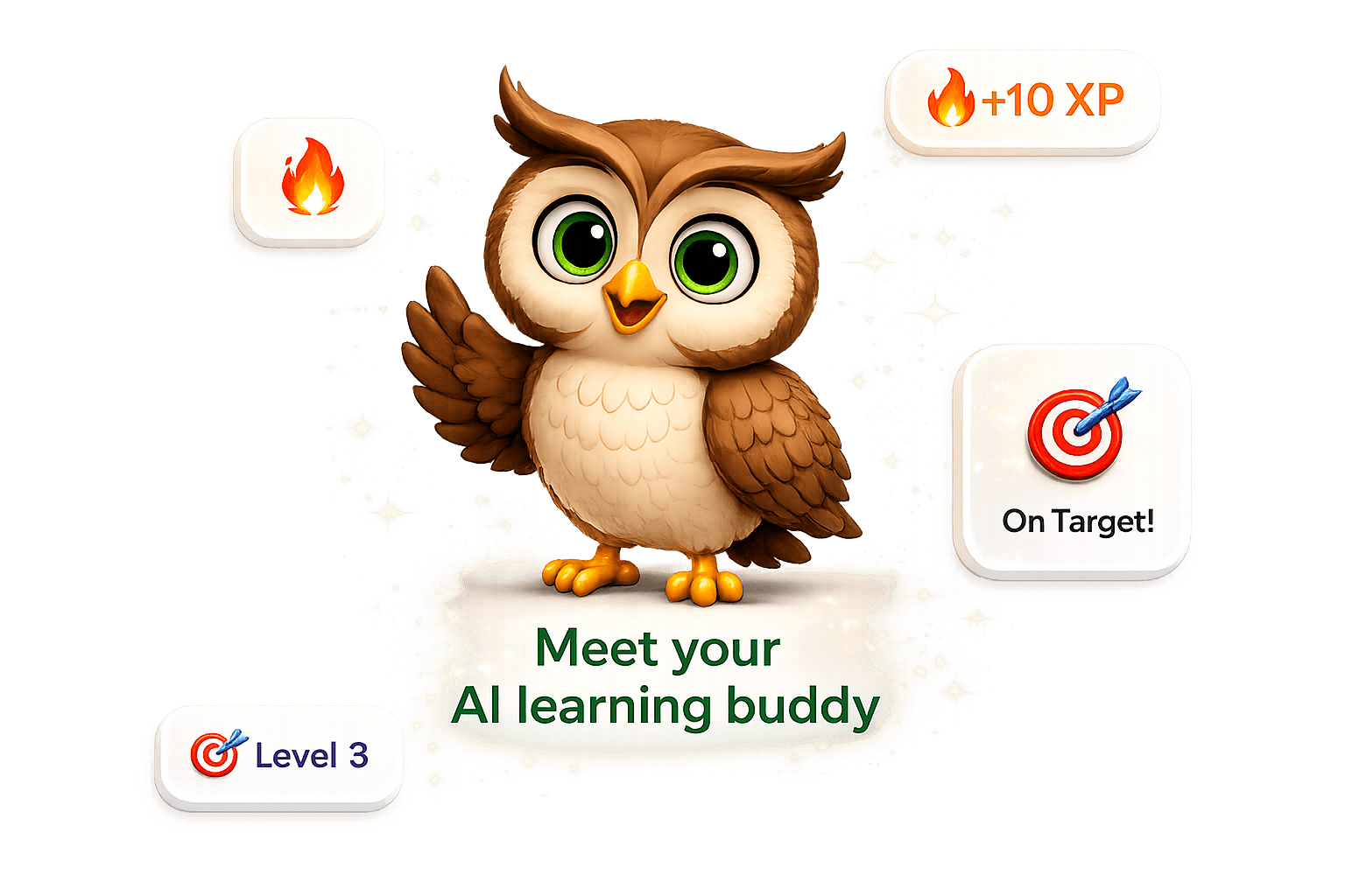 AI learning buddy owl with XP and level cards